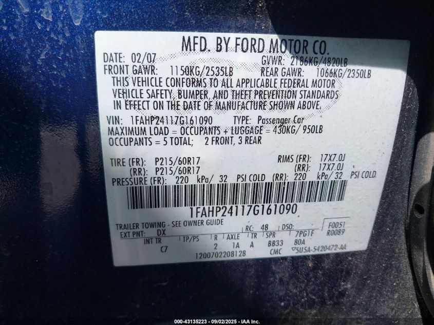 2007 Ford Five Hundred Sel VIN: 1FAHP24117G161090 Lot: 43135223