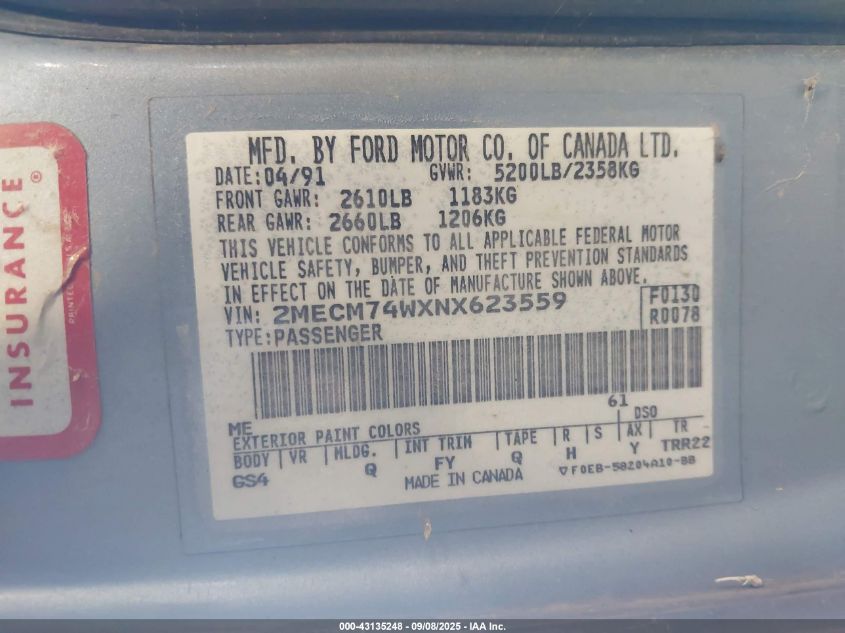 1992 Mercury Grand Marquis Gs VIN: 2MECM74WXNX623559 Lot: 43135248