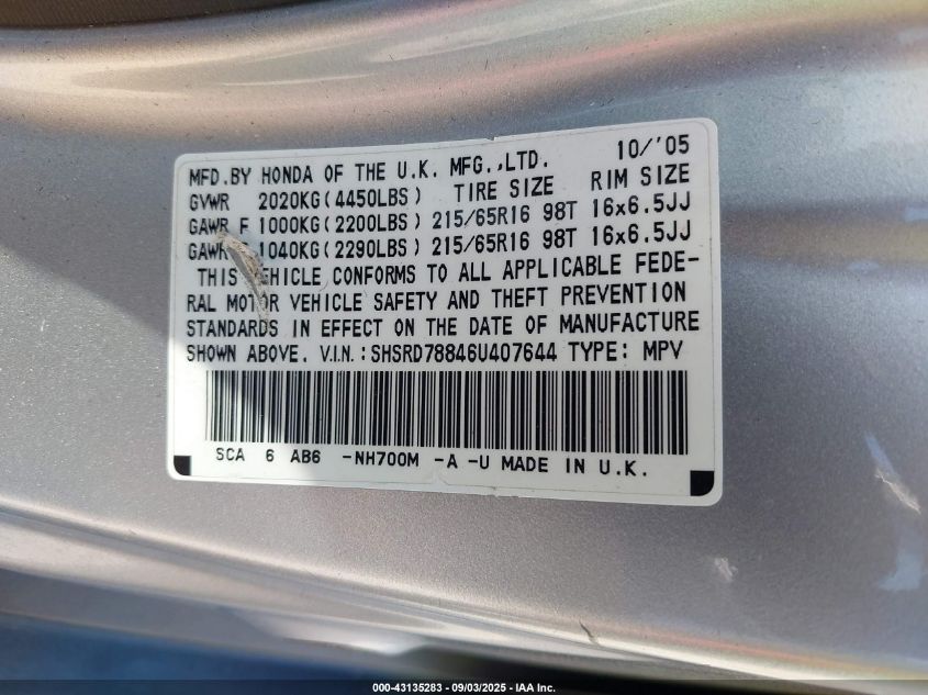 2006 Honda Cr-V Ex VIN: SHSRD78846U407644 Lot: 43135283