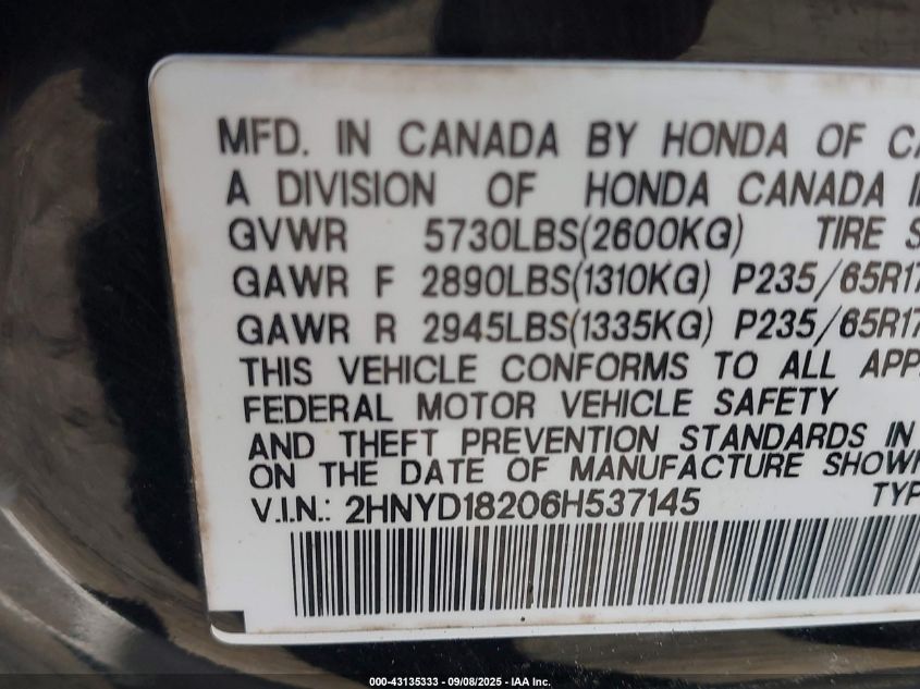 2006 Acura Mdx VIN: 2HNYD182068537145 Lot: 43135333