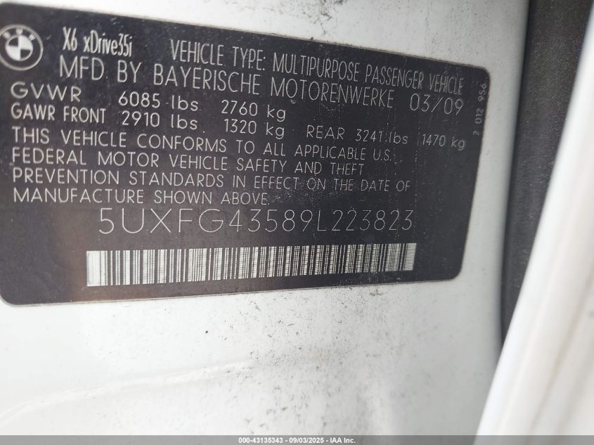 2009 BMW X6 xDrive35I VIN: 5UXFG43589L223823 Lot: 43135343