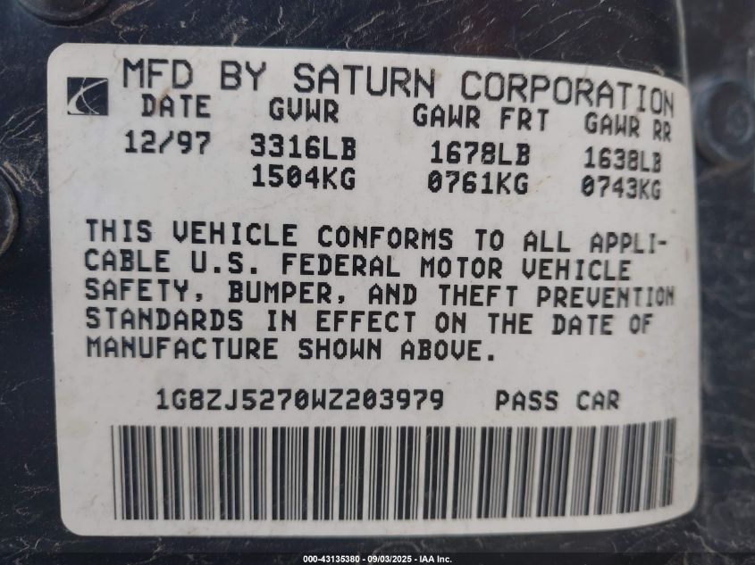 1998 Saturn Sl2 VIN: 1G8ZJ5270WZ203979 Lot: 43135380