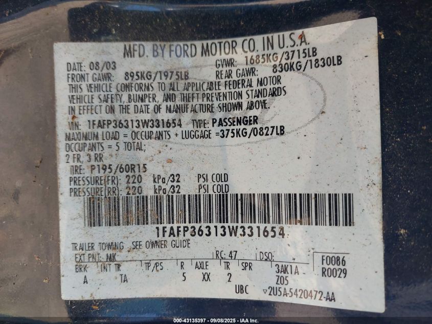 2003 Ford Focus Se/Ztw VIN: 1FAFP36313W331654 Lot: 43135397