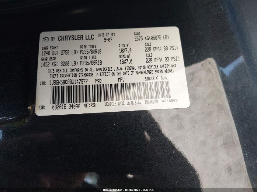 2008 Jeep Liberty Limited Edition VIN: 1J8GN58K88W147977 Lot: 43135431