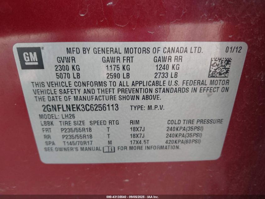 2012 Chevrolet Equinox 2Lt VIN: 2GNFLNEK3C6256113 Lot: 43135540