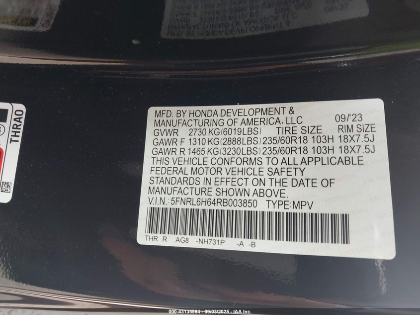 2024 Honda Odyssey Ex-L VIN: 5FNRL6H64RB003850 Lot: 43135564