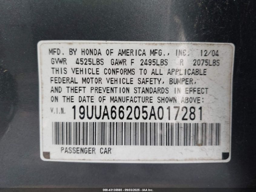 2005 Acura Tl VIN: 19UUA66205A017281 Lot: 43135565