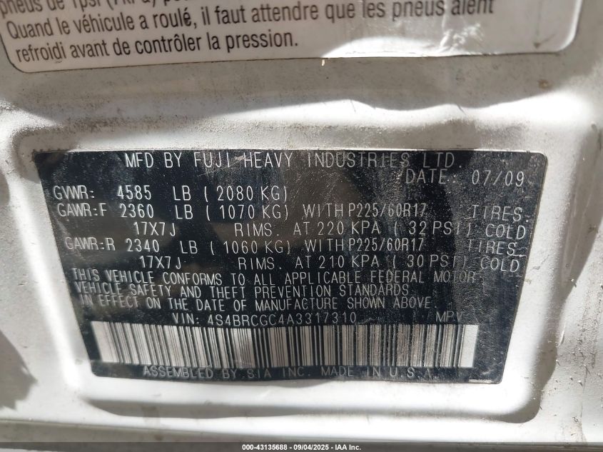 2010 Subaru Outback 2.5I Premium VIN: 4S4BRCGC4A3317310 Lot: 43135688