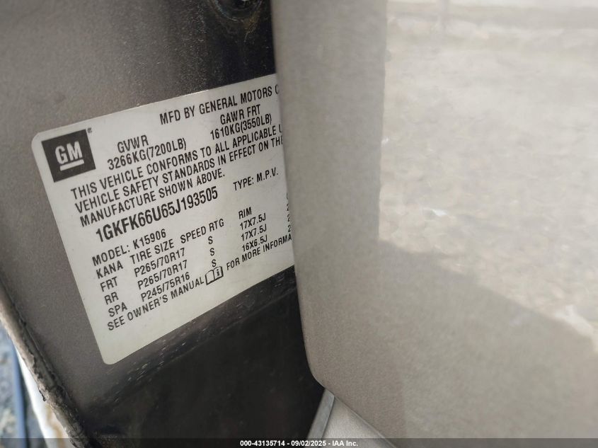 2005 GMC Yukon Xl 1500 Denali VIN: 1GKFK66U65J193505 Lot: 43135714