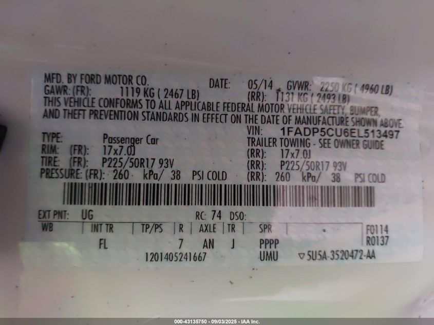 2014 Ford C-Max Energi Sel VIN: 1FADP5CU6EL513497 Lot: 43135750