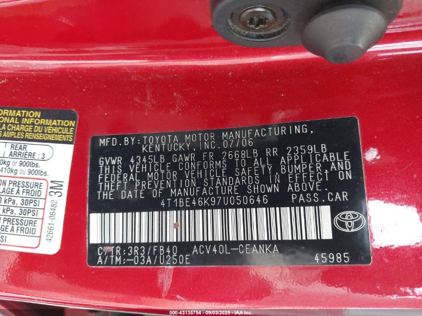 2007 Toyota Camry Le VIN: 4T1BE46K97U050646 Lot: 43135754