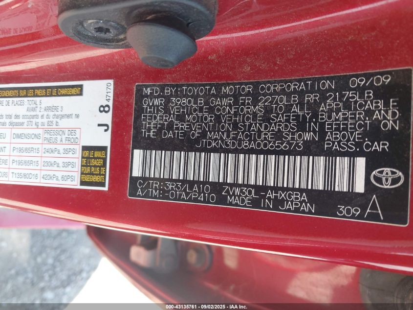 2010 Toyota Prius Iv VIN: JTDKN3DU8A0065673 Lot: 43135761