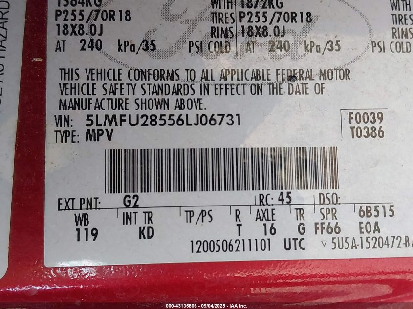 2006 Lincoln Navigator Luxury/Ultimate VIN: 5LMFU28556LJ06731 Lot: 43135806