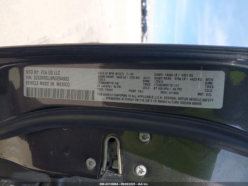 2024 Ram 3500 Tradesman 4X4 8' Box VIN: 3C63RRGL8RG294903 Lot: 43135864