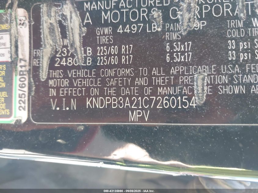 2012 Kia Sportage Lx VIN: KNDPB3A21C7260154 Lot: 43135866