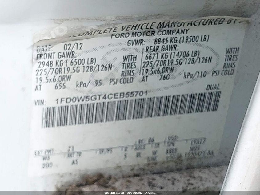 2012 Ford F-550 Chassis Xl VIN: 1FD0W5GT4CEB55701 Lot: 43135903