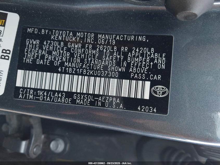 2019 TOYOTA AVALON LIMITED - 4T1BZ1FB2KU037300