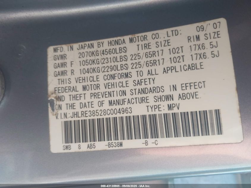 2008 Honda Cr-V Ex VIN: JHLRE38528C004963 Lot: 43135985