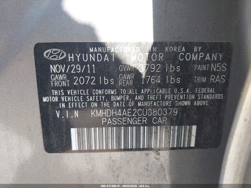 2012 Hyundai Elantra Gls (Ulsan Plant) VIN: KMHDH4AE2CU380379 Lot: 43136010