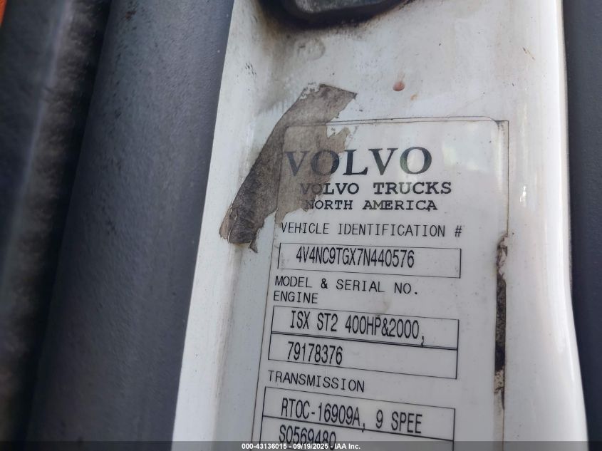 2007 Volvo Vn Vnl VIN: 4V4NC9TGX7N440576 Lot: 43136015
