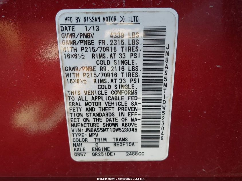 2013 Nissan Rogue S VIN: JN8AS5MT1DW523048 Lot: 43136029