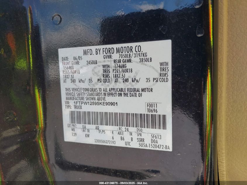 2005 Ford F-150 Lariat/Xlt VIN: 1FTPW12595KE90901 Lot: 43136075