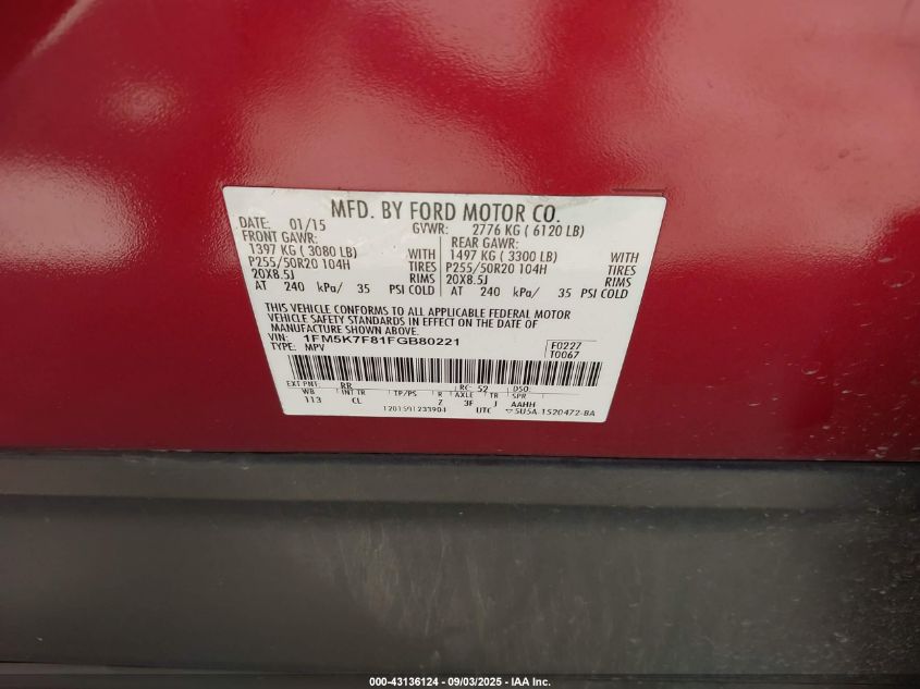 2015 Ford Explorer Limited VIN: 1FM5K7F81FGB80221 Lot: 43136124