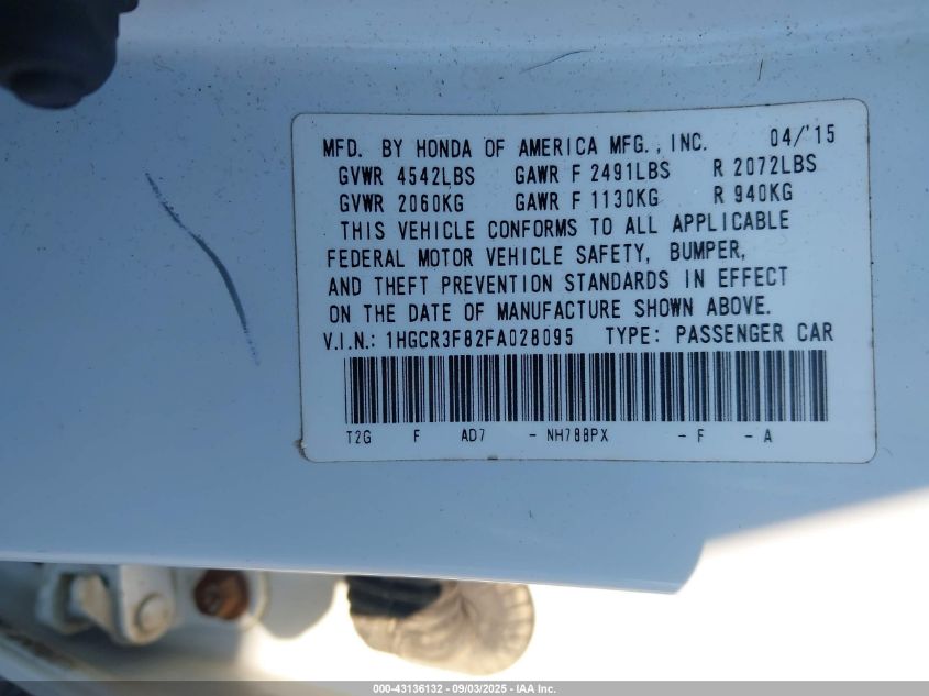2015 Honda Accord Ex-L V-6 VIN: 1HGCR3F82FA028095 Lot: 43136132