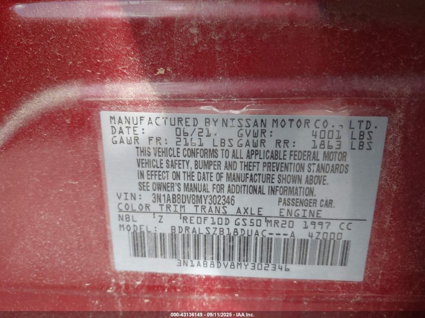 2021 Nissan Sentra Sr Xtronic Cvt VIN: 3N1AB8DV8MY302346 Lot: 43136149