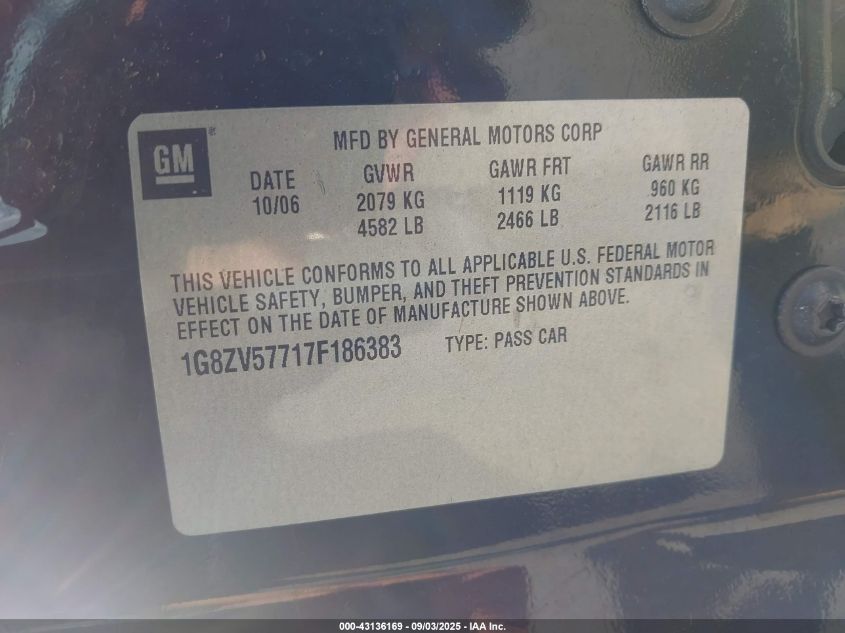 2007 Saturn Aura Xr VIN: 1G8ZV57717F186383 Lot: 43136169