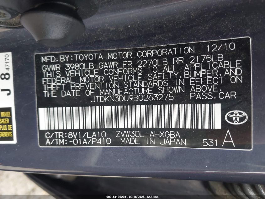 2011 Toyota Prius Four VIN: JTDKN3DU9B0263275 Lot: 43136204