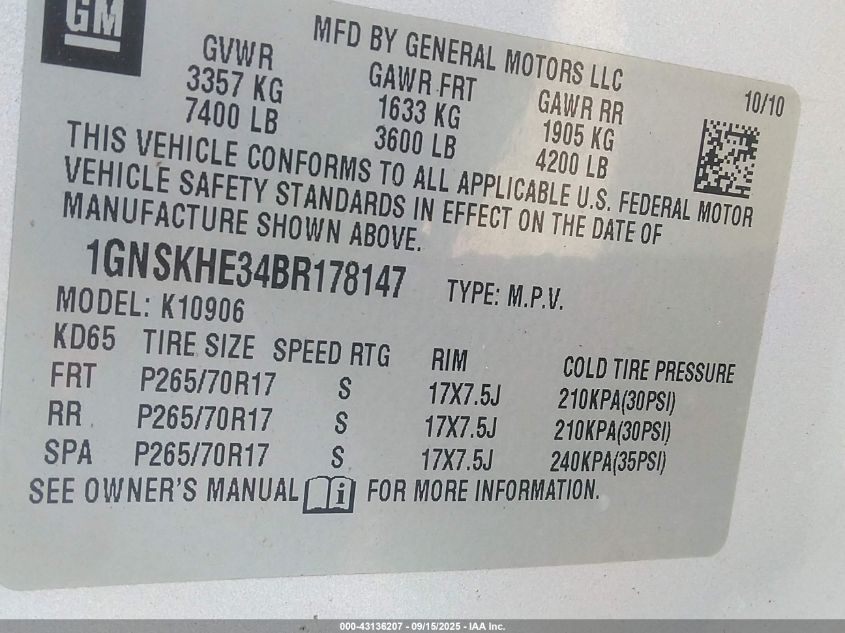 2011 Chevrolet Suburban 1500 Ls VIN: 1GNSKHE34BR178147 Lot: 43136207