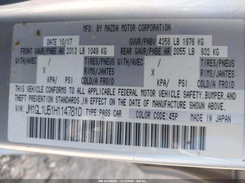 2017 Mazda Mazda6 Sport VIN: JM1GL1U51H1147810 Lot: 43136234