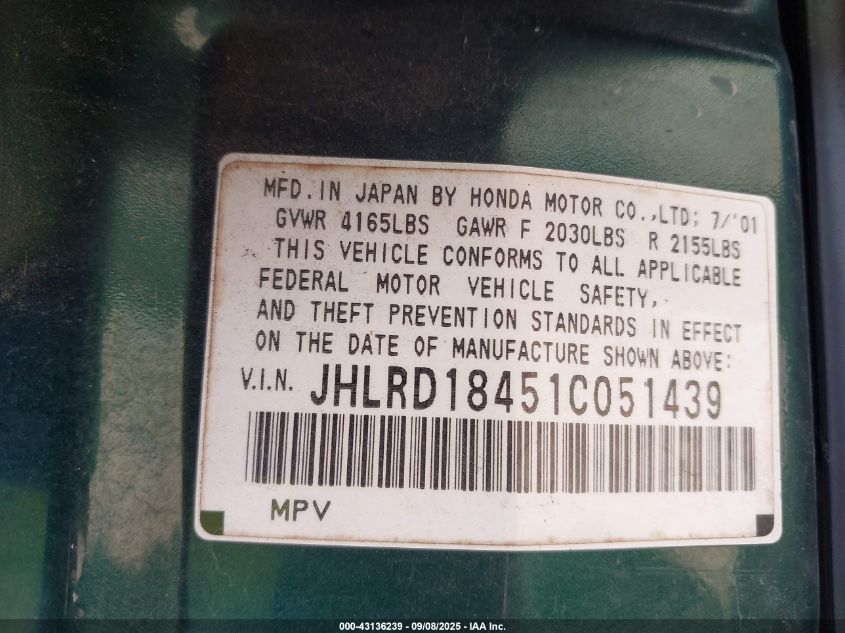 2001 Honda Cr-V Lx VIN: JHLRD18451C051439 Lot: 43136239