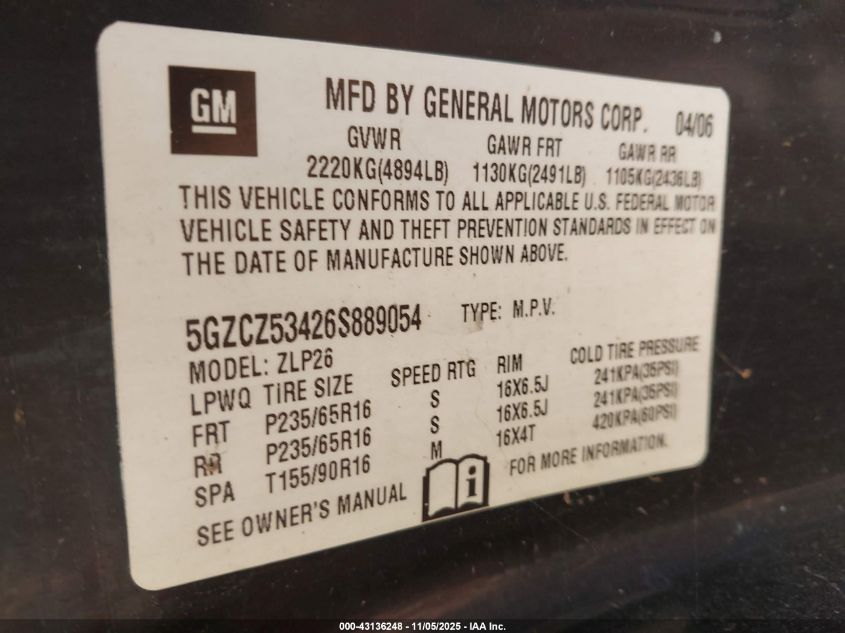 2006 Saturn Vue V6 VIN: 5GZCZ53426S889054 Lot: 43136248