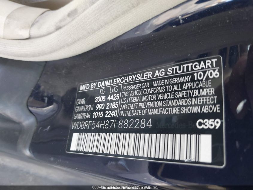 2007 Mercedes-Benz C 280 Luxury VIN: WDBRF54H87F882284 Lot: 43136265