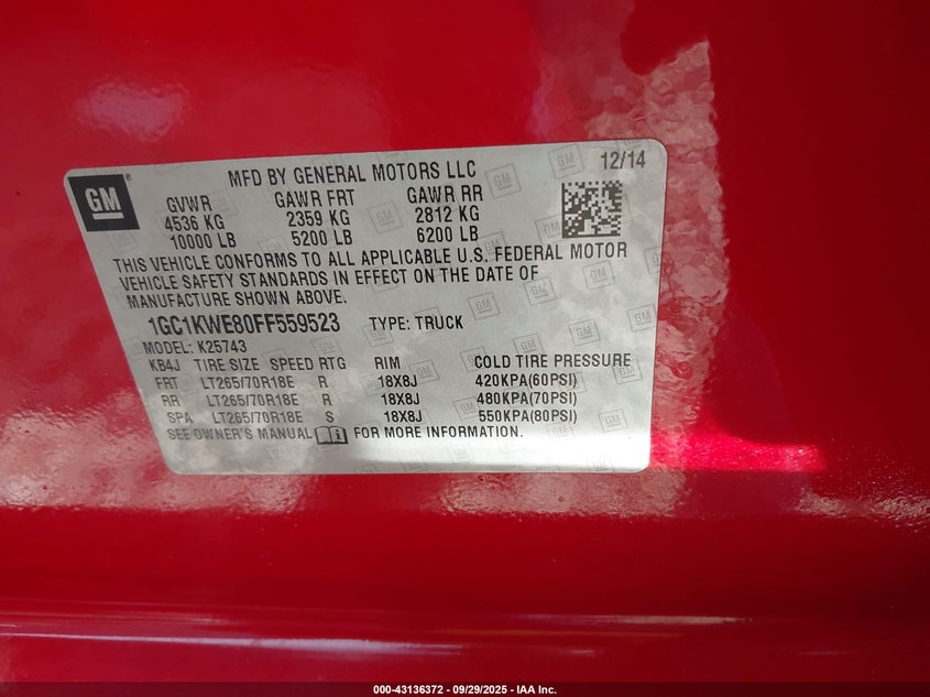 2015 Chevrolet Silverado 2500Hd Ltz VIN: 1GC1KWE80FF559523 Lot: 43136372