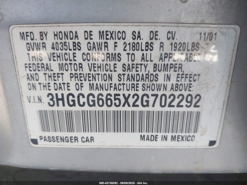 2002 Honda Accord 2.3 Lx VIN: 3HGCG665X2G702292 Lot: 43136392