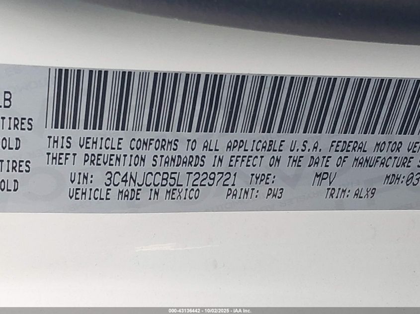 2020 Jeep Compass Limited Fwd VIN: 3C4NJCCB5LT229721 Lot: 43136442