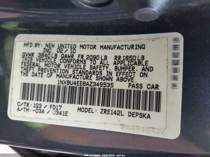 2010 Toyota Corolla S VIN: 1NXBU4EE8AZ349535 Lot: 43136489