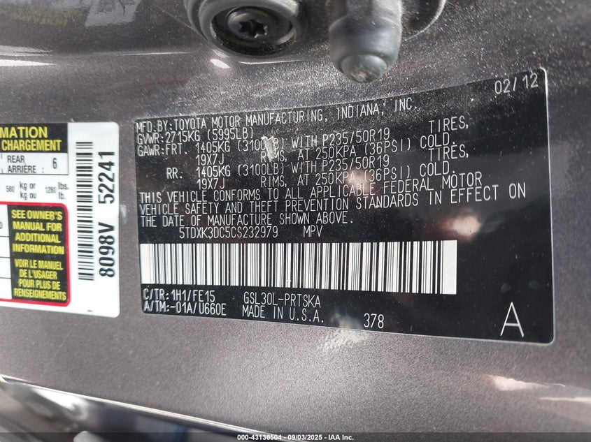 2012 Toyota Sienna Se 8 Passenger VIN: 5TDXK3DC5CS232979 Lot: 43136504