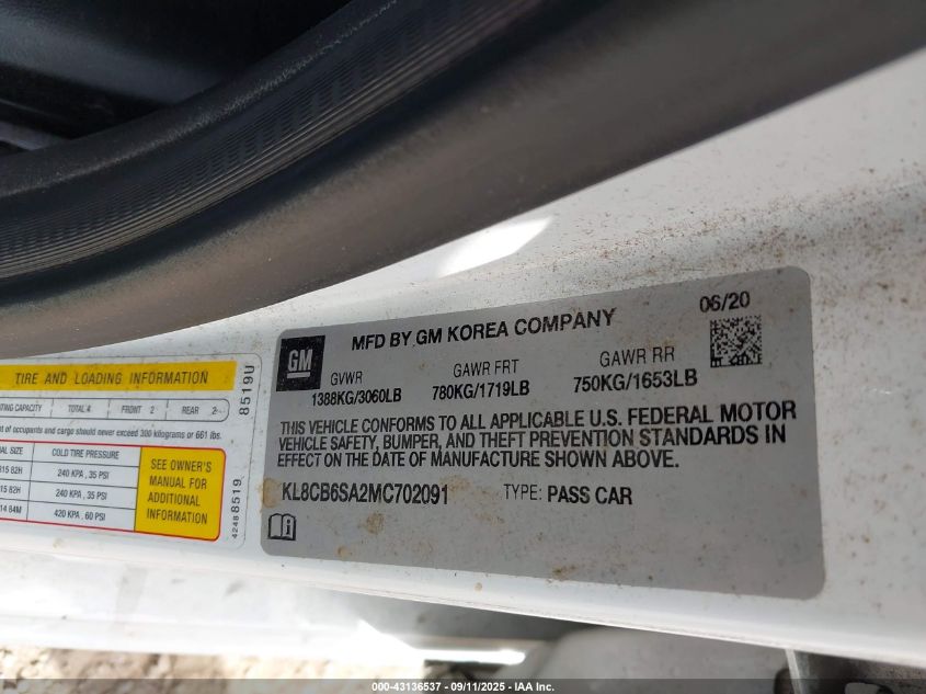 2021 Chevrolet Spark Fwd Ls Automatic VIN: KL8CB6SA2MC702091 Lot: 43136537