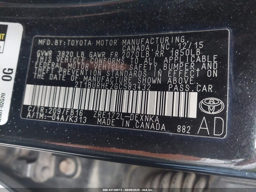 2016 Toyota Corolla Le VIN: 2T1BURHE2GC583432 Lot: 43136573