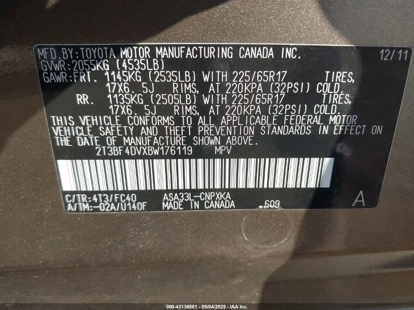 2011 Toyota Rav4 VIN: 2T3BF4DVXBW176119 Lot: 43136581