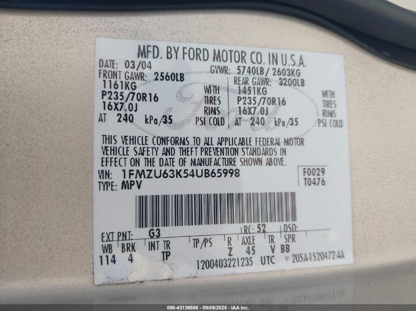 2004 Ford Explorer Xlt VIN: 1FMZU63K54UB65998 Lot: 43136586