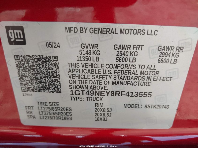 2024 GMC Sierra 2500Hd 4Wd Standard Bed Slt VIN: 1GT49NEY8RF413555 Lot: 43136595