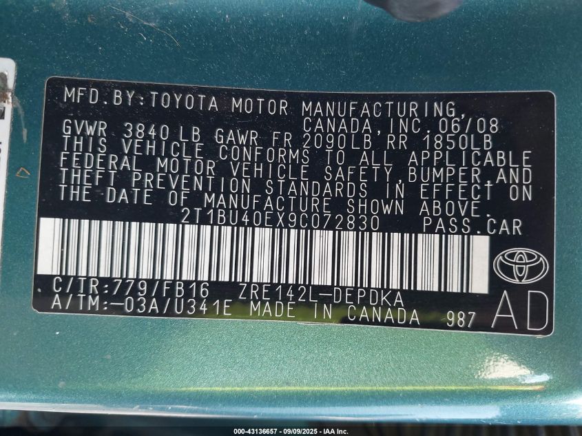 2009 Toyota Corolla Le VIN: 2T1BU40EX9C072830 Lot: 43136657