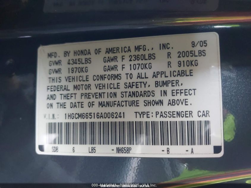 2006 Honda Accord 3.0 Ex VIN: 1HGCM66516A006241 Lot: 43136763