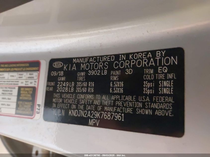2019 Kia Soul VIN: KNDJN2A29K7687961 Lot: 43136780