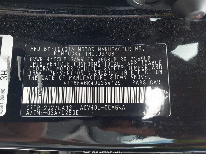 2009 Toyota Camry Xle VIN: 4T1BE46K49U354129 Lot: 43136802